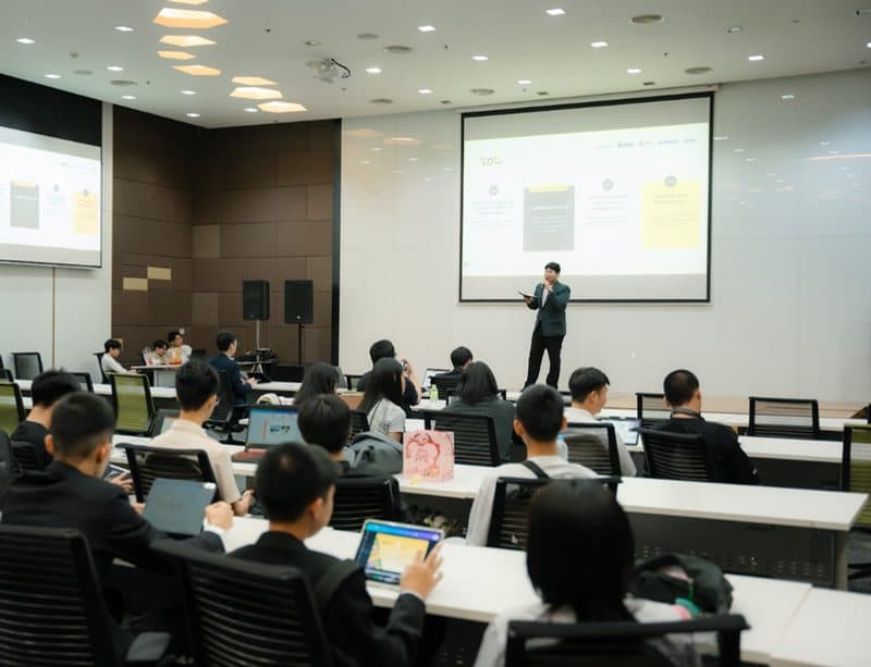 ผู้สอนบรรยายหน้าห้องเรียน มีนักเรียนนั่งเรียนพร้อมโน้ตบุ๊ก